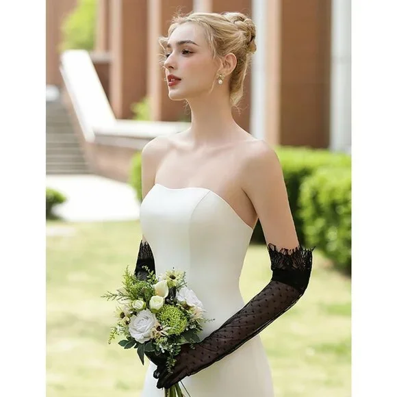 Women's Black Evening Long Lace Gothic Gloves Bridal Party Prom Costume - Picture 4 of 6